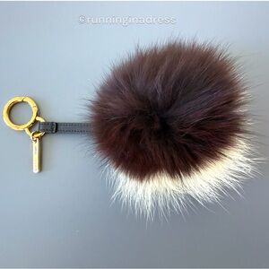 Authentic FENDI Fox Fur Pompom Bag Charm Bicolor Brown & Cream Gold Hardware
